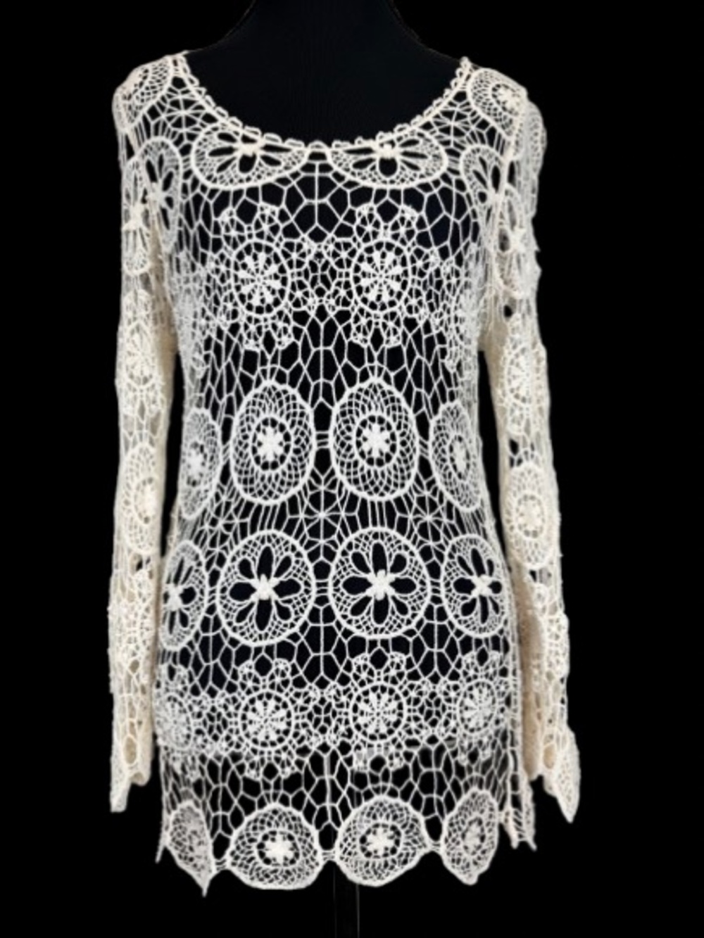 ISSI Cream Crochet Lace Tunic Top Boho Festival Romantic Indie Sleeze Coachella